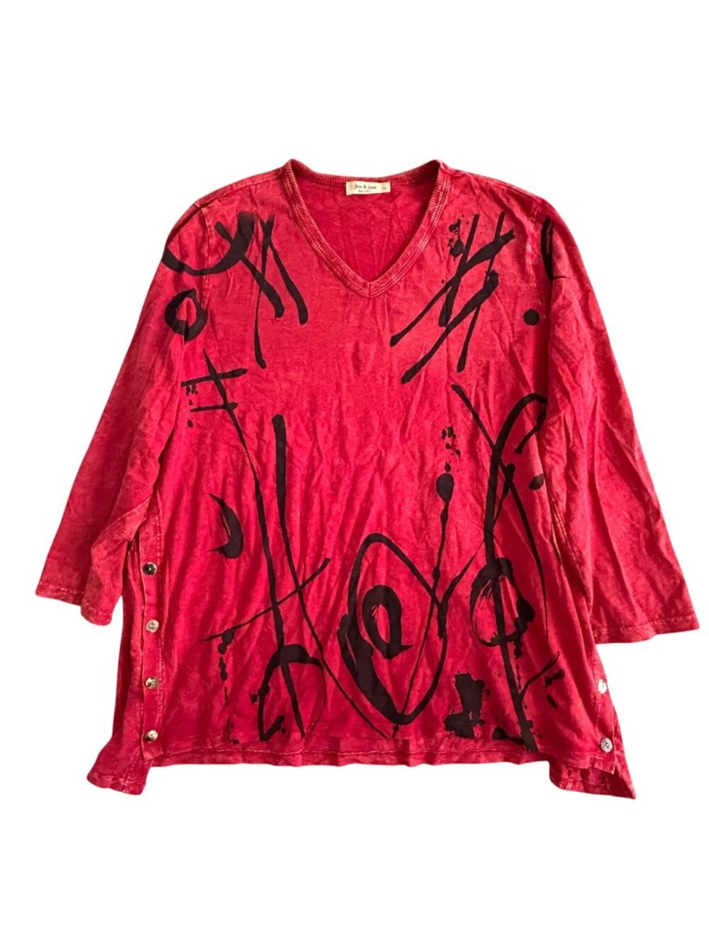 Jess & Jane Women's Sz XL Artsy Tunic Top Red V-Neck Abstract Black Print